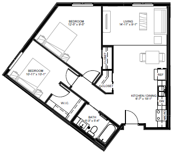 Floor plan for 2 beds, 1 bath, 930 sqft